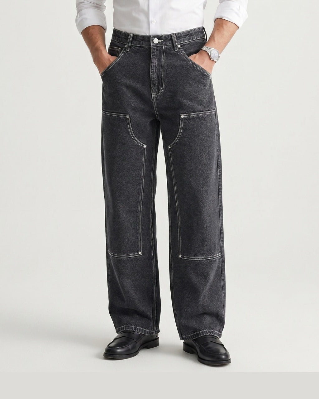 WIDELEG RAW JEANS-BLACK GOLD CONTRAST STITCH