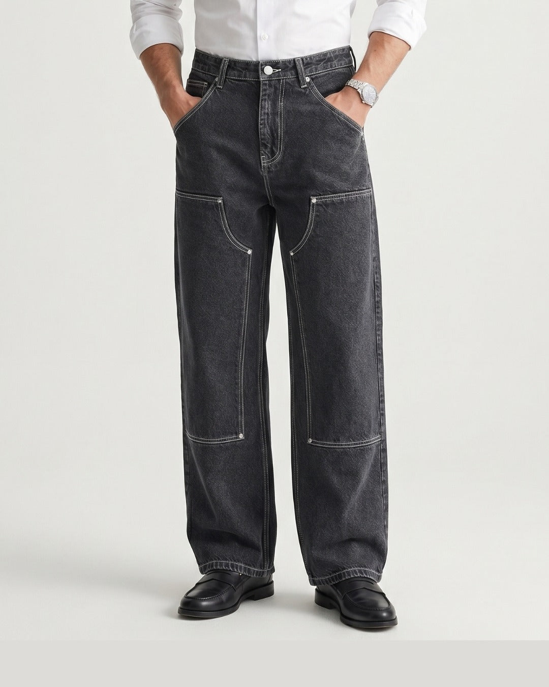 WIDELEG RAW JEANS-BLACK GOLD CONTRAST STITCH