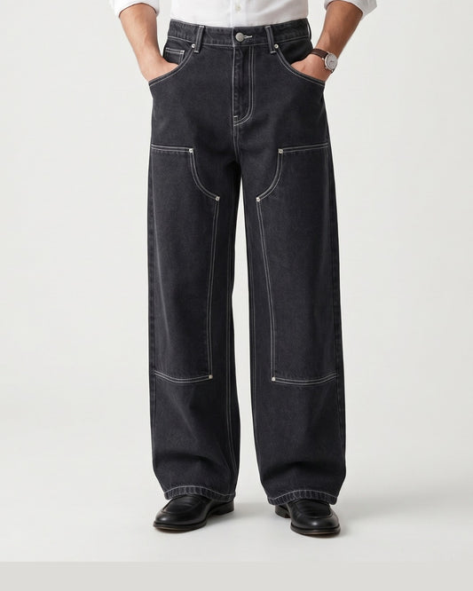 WIDELEG RAW JEANS-BLACK WHITE CONTRAST STITCH